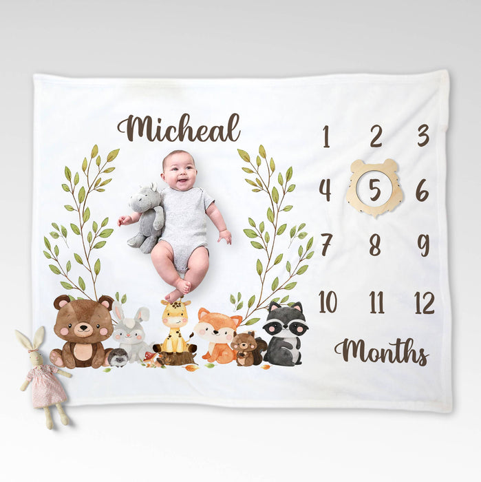 Custom Baby Monthly Milestone Blanket, Monthly Baby Blanket, Woodland Animals Newborn Nursery, Baby Age Blanket, Baby Birthday Blanket, Baby Shower Gift