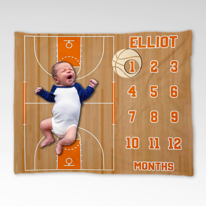Custom Basketball Milestone Blanket, Basketball Baby Blanket, Birthday Gifts For Baby, Baby Calendar Blanket