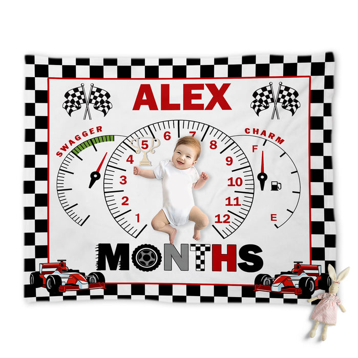 Custom Baby Milestone Blanket, Race Car Baby Monthly Milestone Blanket, Baby Sports Nursery Blanket, Baby Age Blanket, Baby Birthday Blanket, Birthday Gifts For Baby Boy Girl, Baby Calendar Blanket