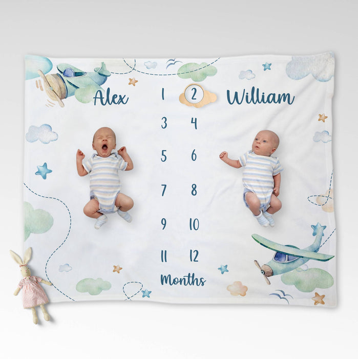 Custom Twins Baby Month Blanket, Airplanes Clouds Blanket For Newborn, Gifts For New Mom