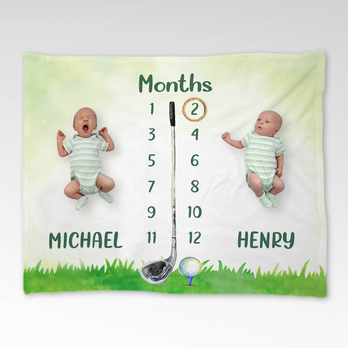 Custom Twins Baby Monthly Milestone Blanket, Golf Blanket For Newborn, Gifts For New Mom, Baby Sports Nursery Blanket