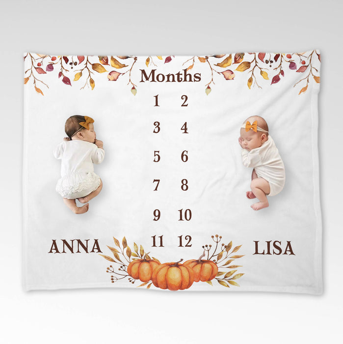 Custom Twins Baby Monthly Milestone Blanket, Halloween Leaves With Pumpkin Blanket For Newborn, Gifts For New Mom