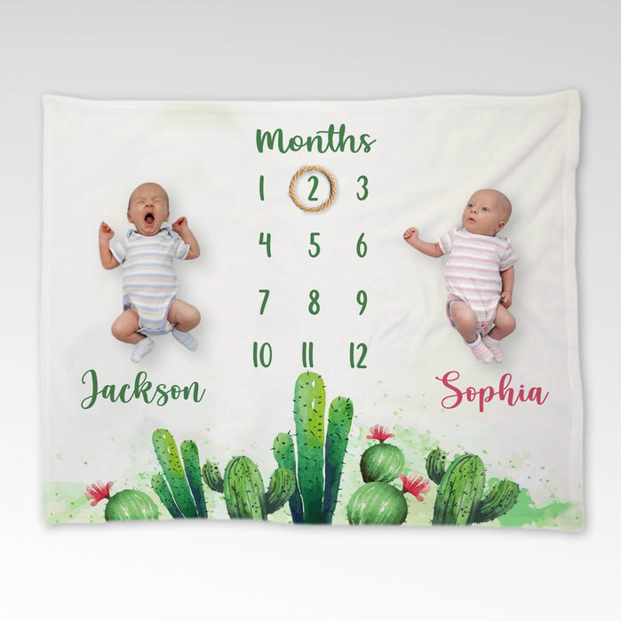 Custom Twins Baby Monthly Milestone Blanket, Cactus Blanket For Newborn, Gifts For New Mom