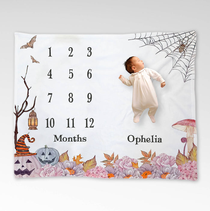 Personalized Baby Monthly Milestone Blanket,Floral Halloween Blanket For Newborn, Gifts For New Mom