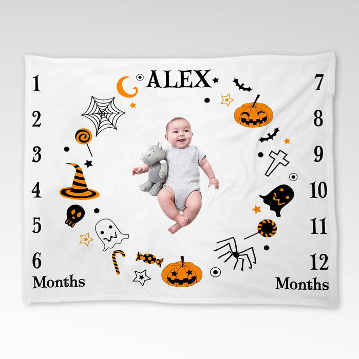 Personalized Baby Monthly Milestone Blanket, Halloween Blanket For Newborn, Gifts For New Mom
