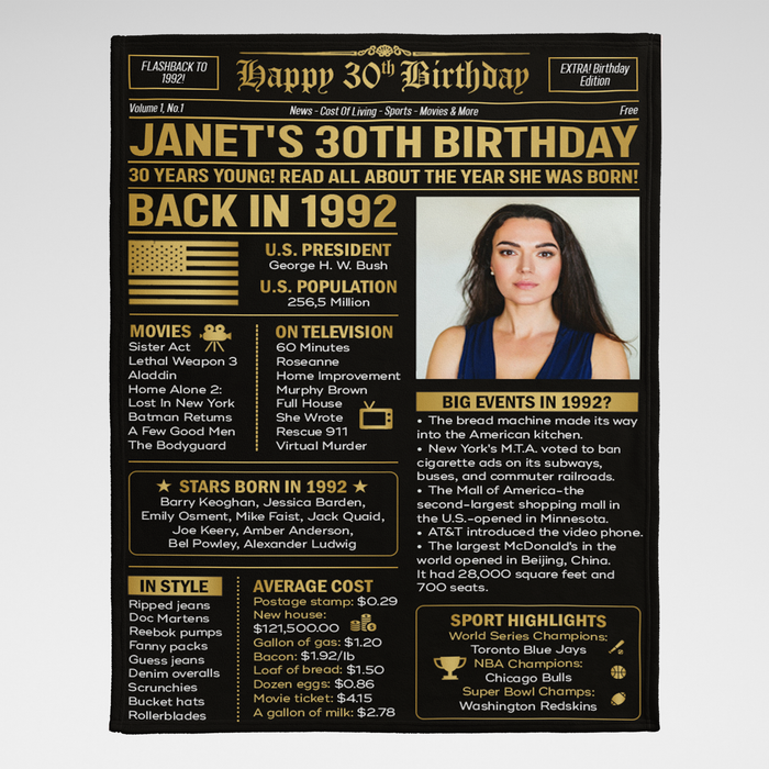 Personalized Back In 1992 Birthday Blanket, 30th Birthday Gifts For Women For Men, 30th Birthday Decorations, Birthday Milestone Blanket