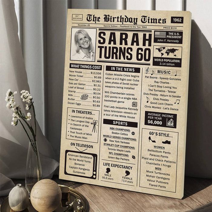 Personalized Vintage Newspaper 60 Years Ago Back In 1962 Birthday Poster Canvas, 60th Birthday Wall Art Decorations Gifts For Women