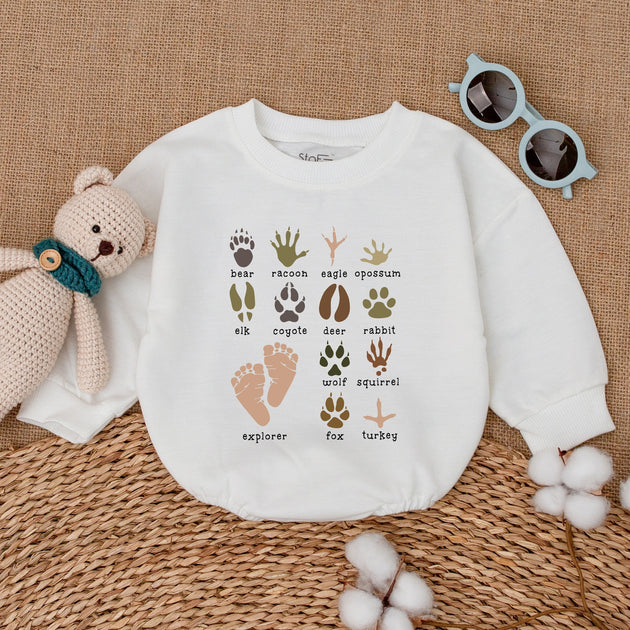 Animal Track Prints Baby Romper, Adventure Baby Bodysuit, Wild Animal Paw Tracks, Explorer Baby Clothes, Nature Lover, Funny Baby OutfitQuSIfA4mBW