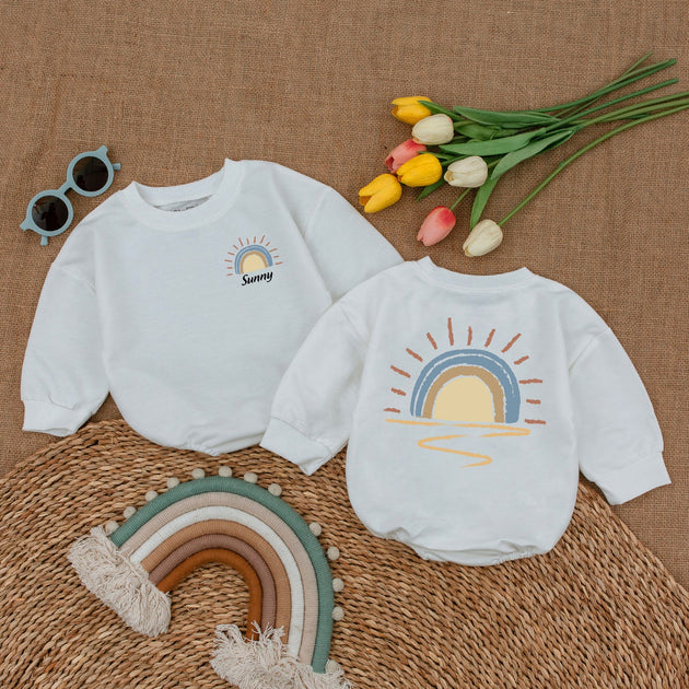 Custom Name Retro Sunshine Baby Romper, Little Sunshine Baby Bodysuit, Newborn Bubble Romper, Sunshine Baby Shower Gift, Boho Baby Clothesot1DTL13Vh