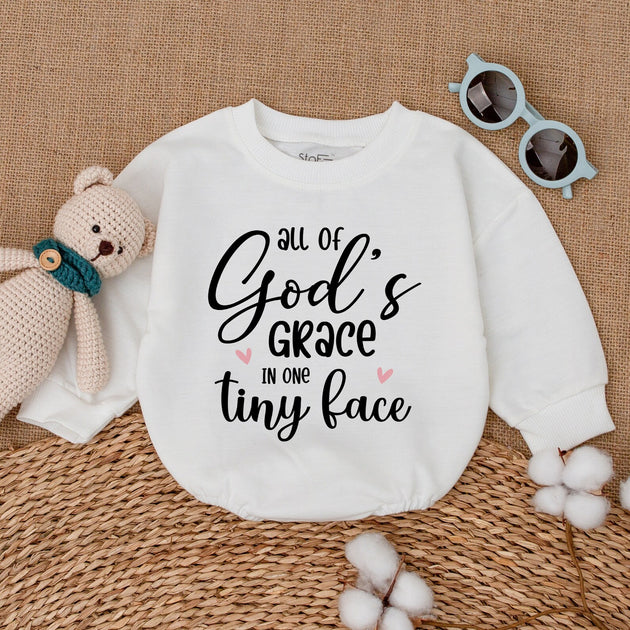 All Of God's Grace In One Tiny Face Romper, Religious Baby Bodysuit, Newborn Bubble Romper, Pregnancy Announcement, Baby Shower GiftU6K3Wu1xGL