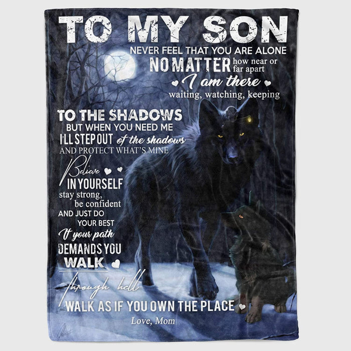 Personalized To My Son Black Wolf Fleece Blanket For Son From Mom & Dad Never Feel That You Are Alone Great Customized Blanket For Birthday Christmas Thanksgiving Graduation Wedding Anniversary