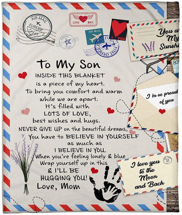 To My Son Fleece Blanket - I Love You To The Moon And Back Air Mail Blanket - Gift From Mom On Birthday, Christmas
