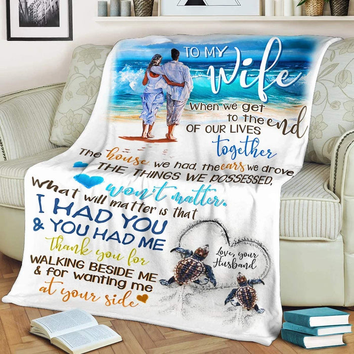 To My Wife Personalized Fleece Blanket,Thank You For Walking Beside Me Beach Holiday Couple In Love,To Wife From Husband Gifts