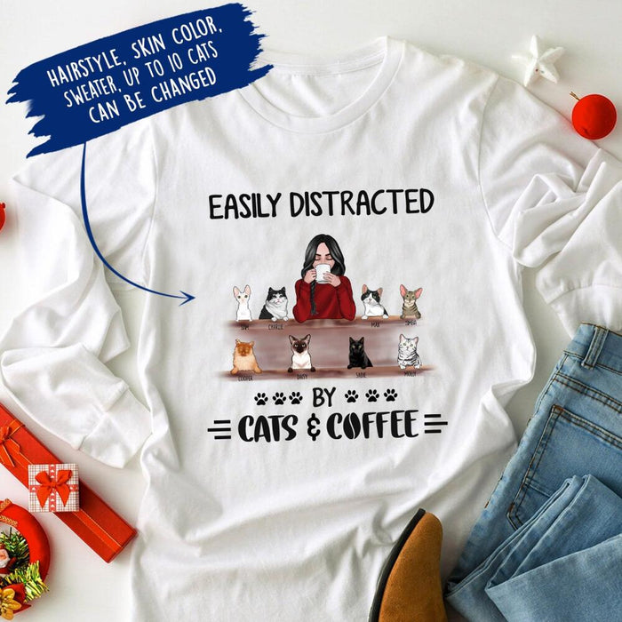 Personalized Cat Custom Longtee - Easily Distracted By Cats And Coffee