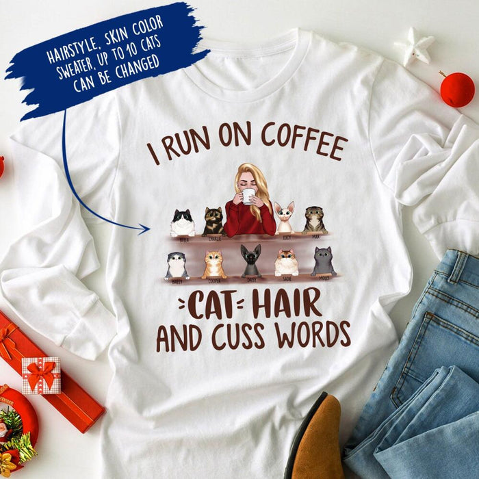 Personalized Fantasy Cat Custom Longtee - I Run On Coffee Cat Hair And Cuss Words