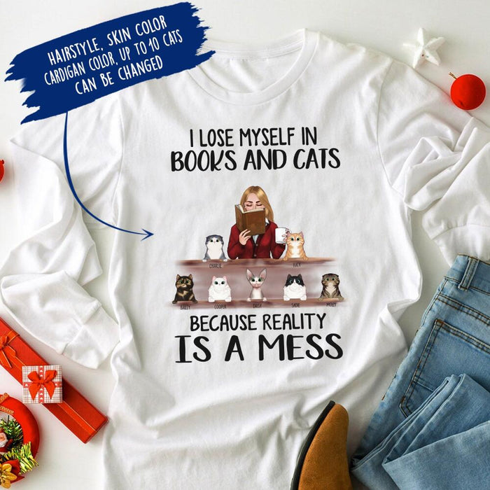 Personalized Fantasy Cat And Reading Custom Longtee - I Lose Myself In Books & Cats Because Reality Is A Mess