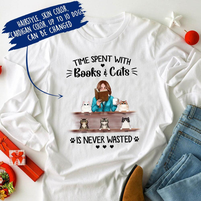 Personalized Fantasy Cat Custom Longtee - Time Spent With Books And Cats Is Never Wasted
