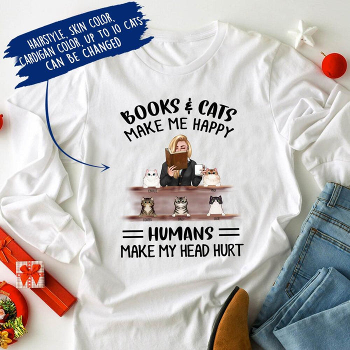 Personalized Fantasy Cat Custom Longtee - Books And Cats Make Me Happy Humans Make My Head Hurt