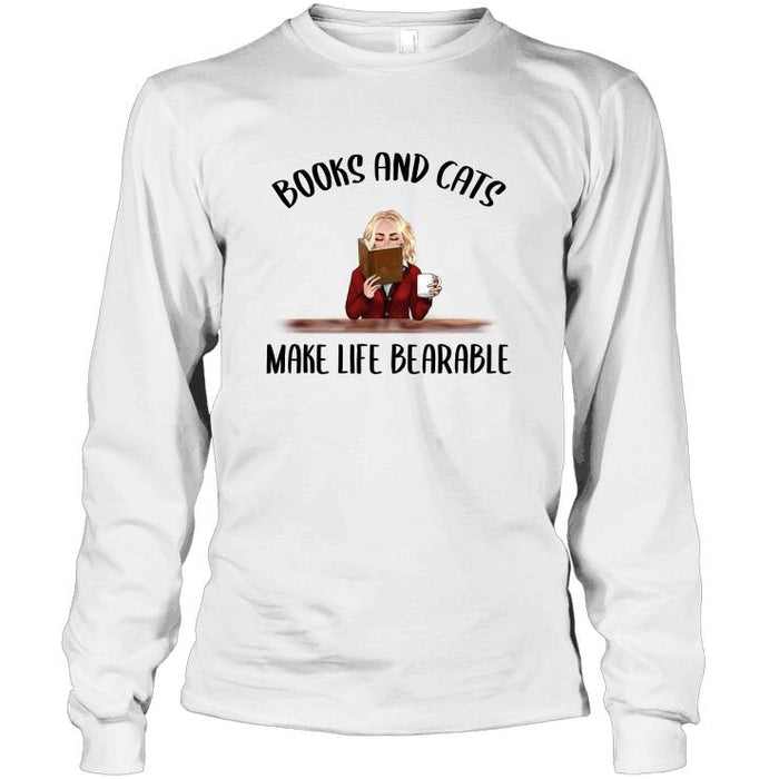 Personalized Fantasy Cat And Reading Custom Longtee - Books And Cats Make Life Bearable