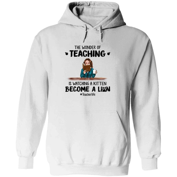 Personalized Fantasy Cat And Teacher Custom Longtee - The Wonder Of Teaching Is Watching A Kitten Become Lion