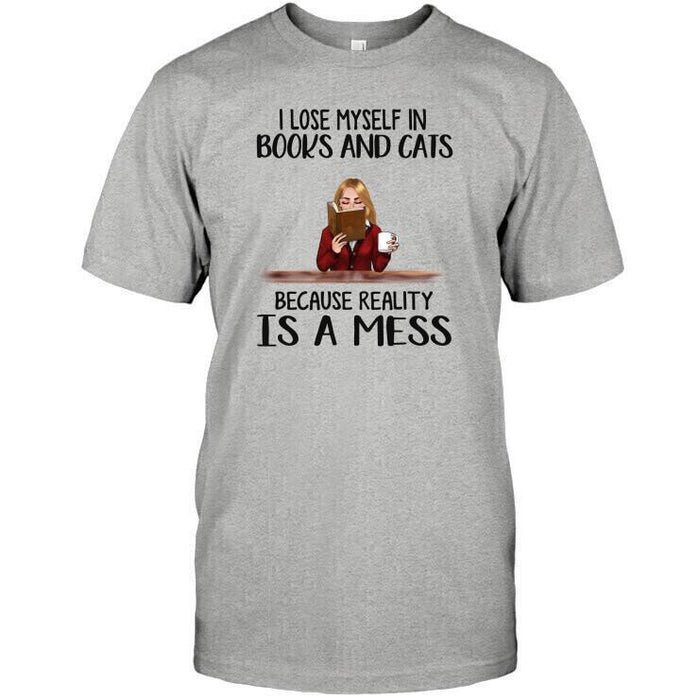 Personalized Fantasy Cat And Reading Custom Longtee - I Lose Myself In Books & Cats Because Reality Is A Mess