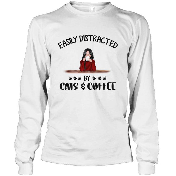 Personalized Cat Custom Longtee - Easily Distracted By Cats And Coffee