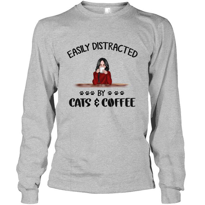 Personalized Cat Custom Longtee - Easily Distracted By Cats And Coffee