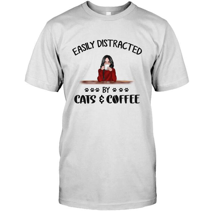 Personalized Cat Custom Longtee - Easily Distracted By Cats And Coffee