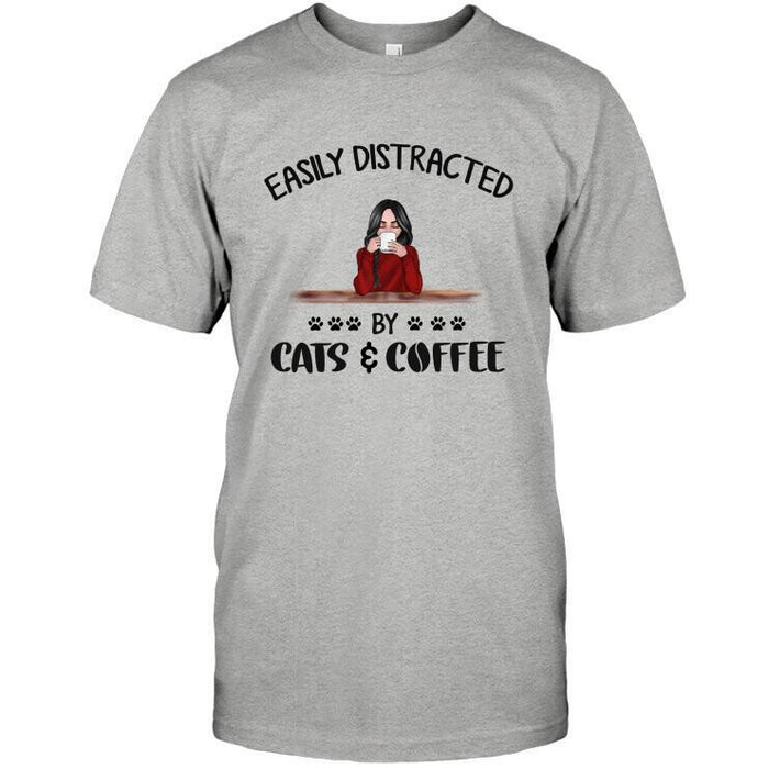 Personalized Cat Custom Longtee - Easily Distracted By Cats And Coffee