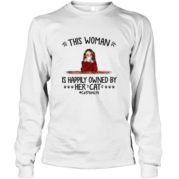 Personalized Cat Custom Longtee - This Woman Is Happily Owned By Her Cats