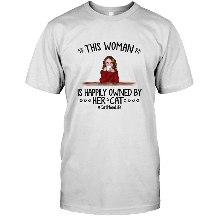 Personalized Cat Custom Longtee - This Woman Is Happily Owned By Her Cats