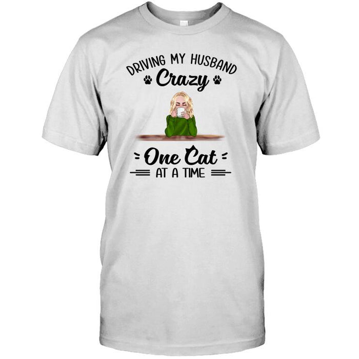 Personalized Cat Custom Longtee - Driving My Husband Crazy One Cat At A Time