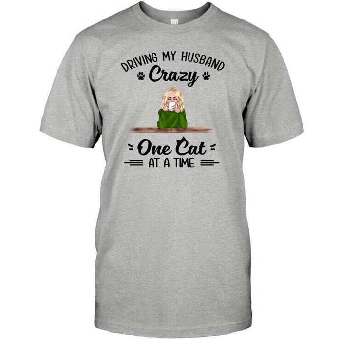 Personalized Cat Custom Longtee - Driving My Husband Crazy One Cat At A Time