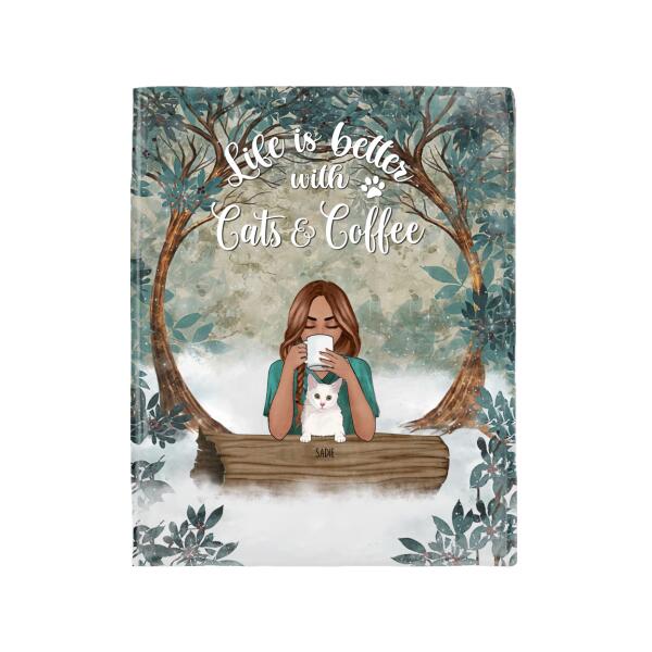Personalized Cat Custom Fleece Blanket - Life Is Better With Cats And Coffee