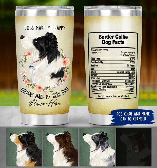 Personalized Border Collie Mom Tumbler - Dogs Make Me Happy Humans Make My Head Hurt