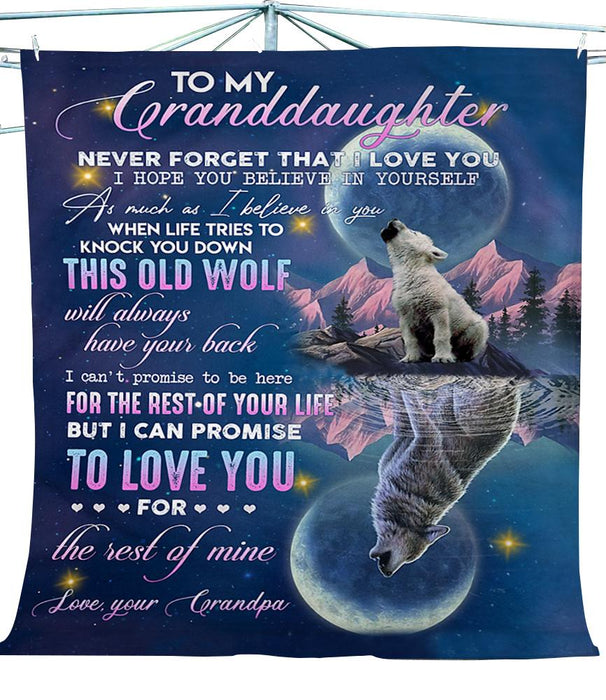 Personalized To My Granddaughter Wolf and Moon Fleece Blanket From Grandpa Never Forget That I Love You Great Customized Blanket For Birthday Christmas Thanksgiving