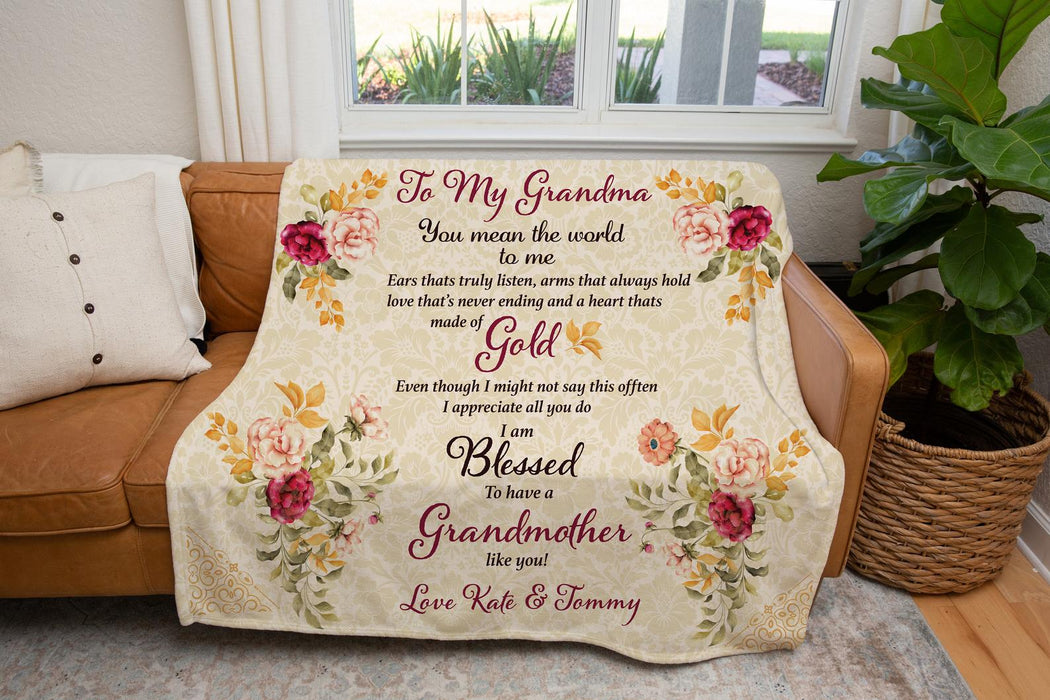 Personalized To My Grandma Fleece Blanket You Mean The World To Me Great Customized Gift For Mother's Day Birthday Christmas Thanksgiving