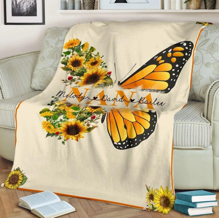Personalized To My Nana Butterfly Sunflower Fleece Blanket Gift for Grandma Great Customized Gift For Birthday Christmas Thanksgiving Mother's Day