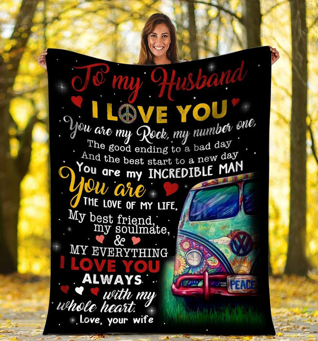 Personalized To My Husband Hippie Van Car Fleece Blanket You Are My Rock, My Number One Great Customized Gift For Father'S Day Anniversary Birthday Christmas Thanksgiving