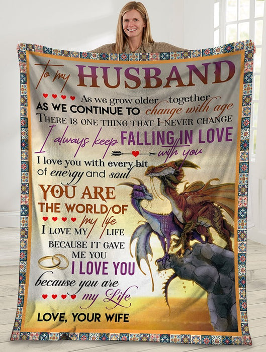 Personalized To My Husband Dragon Fleece Blanket I Always Keep Falling In Love With You Great Customized Gift For Father's Day Anniversary Birthday Christmas Thanksgiving