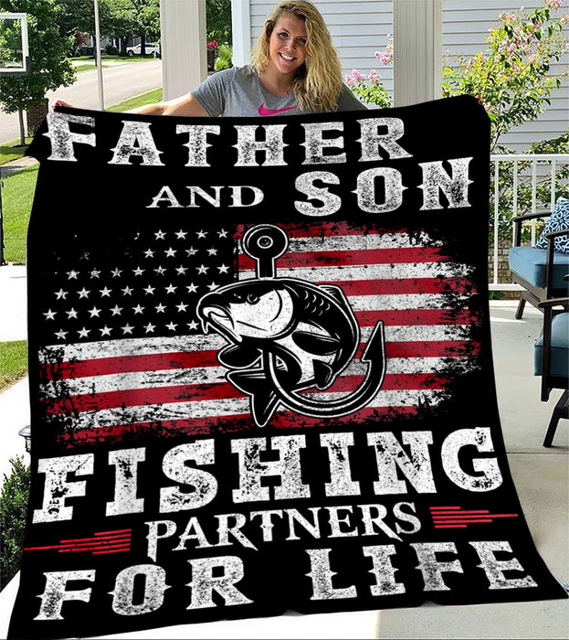 Father And Son Fishing Fleece Blanket Fishing Partners For Life American Flag Great Customized Blanket For Birthday Christmas