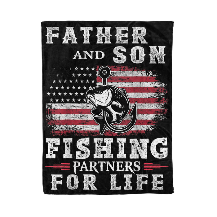 Father And Son Fishing Fleece Blanket Fishing Partners For Life American Flag Great Customized Blanket For Birthday Christmas