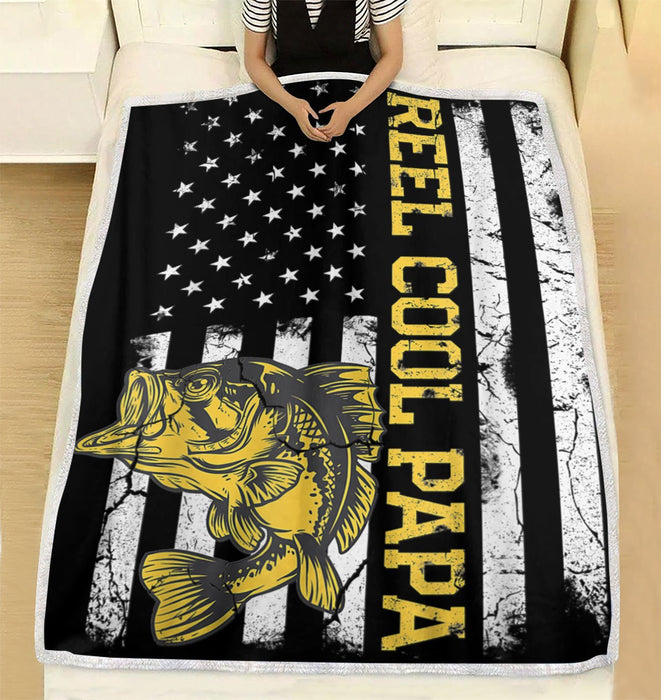 To My Dad Fishing Fleece Blanket Reel Cool Papa American Flag Great Customized Blanket For Birthday Christmas Thanksgiving