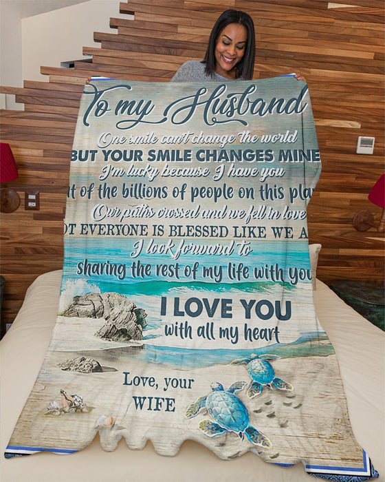 Personalized To My Husband Turtles Fleece Blanket From Wife Your Smile Changes Mine Great Customized Gift For Birthday Christmas Thanksgiving Anniversary Father's Day