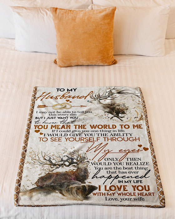 Personalized To My Husband Deer Fleece Blanket From Wife You Mean The World To Me Great Customized Gift For Birthday Christmas Thanksgiving Anniversary