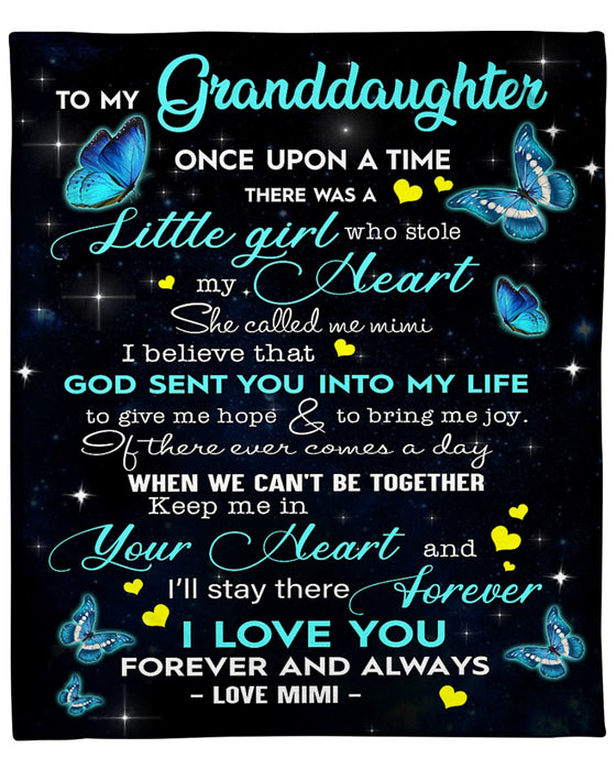 Personalized To My Granddaughter Butterfly Fleece Blanket From Mimi When We Can't be Together Keep Me in Your Heart and I'll Stay There Forever Great Customized Blanket For Birthday Christmas Thanksgiving