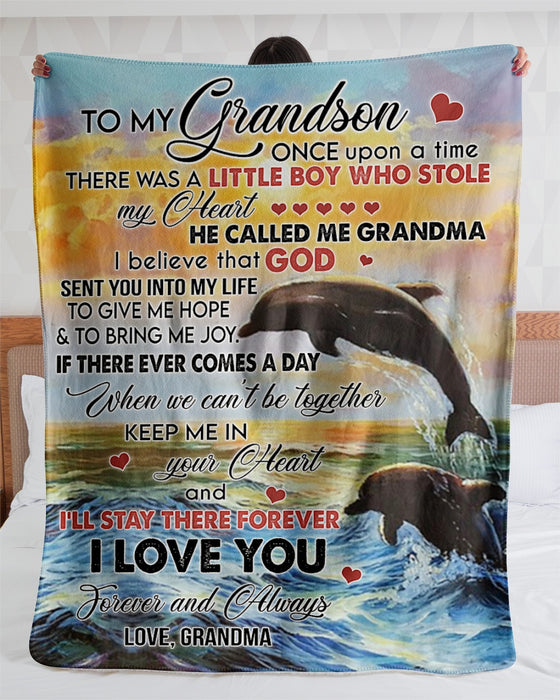 Personalized To My Grandson Dolphin Fleece Blanket From Grandma Keep Me In Your Heart Great Customized Gift For Birthday Christmas Thanksgiving