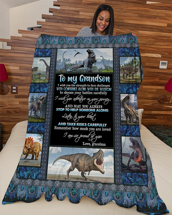 Personalized To My Grandson Dinosaur Fleece Blanket From Grandma I Wish You Strength To Face Challenges Great Customized Gift For Birthday Christmas Thanksgiving