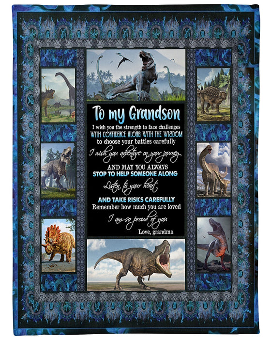 Personalized To My Grandson Dinosaur Fleece Blanket From Grandma I Wish You Strength To Face Challenges Great Customized Gift For Birthday Christmas Thanksgiving