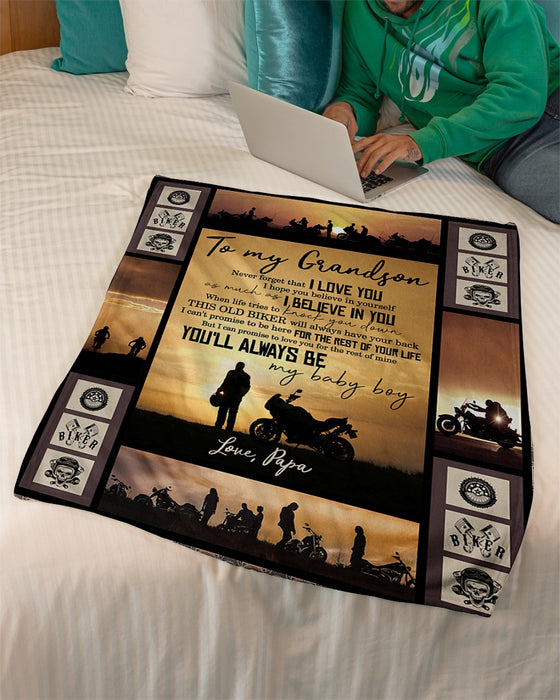 Personalized To My Grandson Biker Fleece Blanket From Grandpa You'll Always Be My Baby Boy Great Customized Gift For Birthday Christmas Thanksgiving